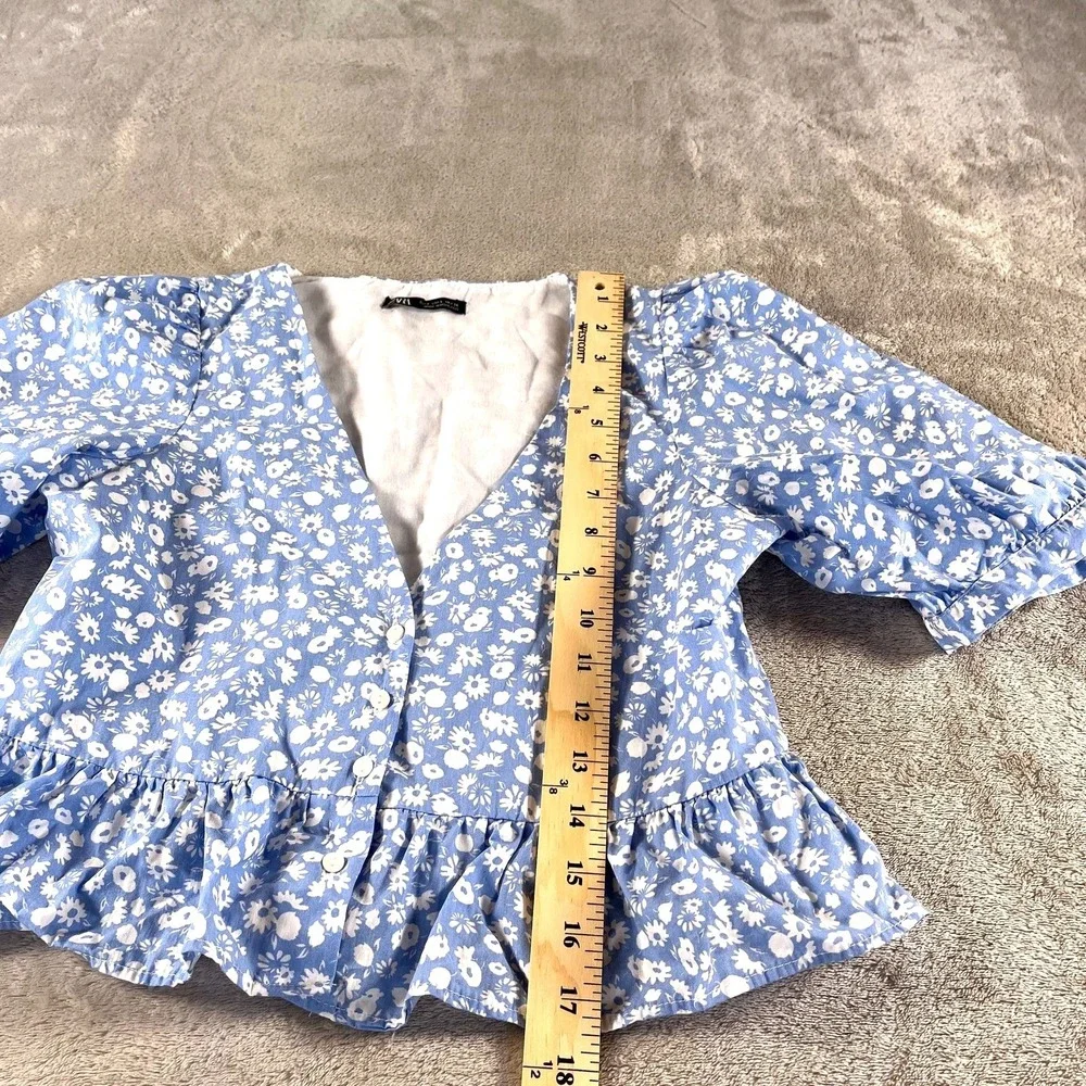 Zara Floral Peplum Blouse Womens S Blue White Puff Sleeve V-Neck Summer Boho